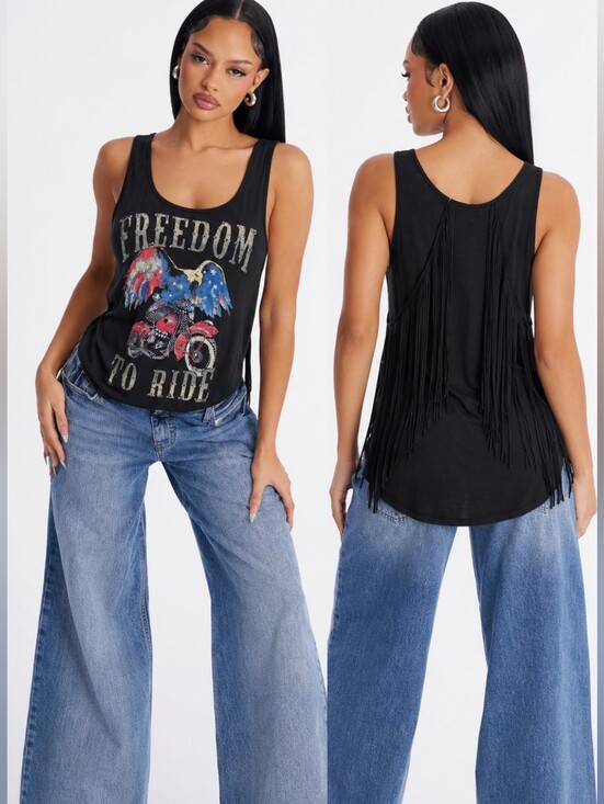 The Clas-sic Tops - The Clas-sic "Freedom to Ride" Studded Fringe Tank Top Women's Large NWT